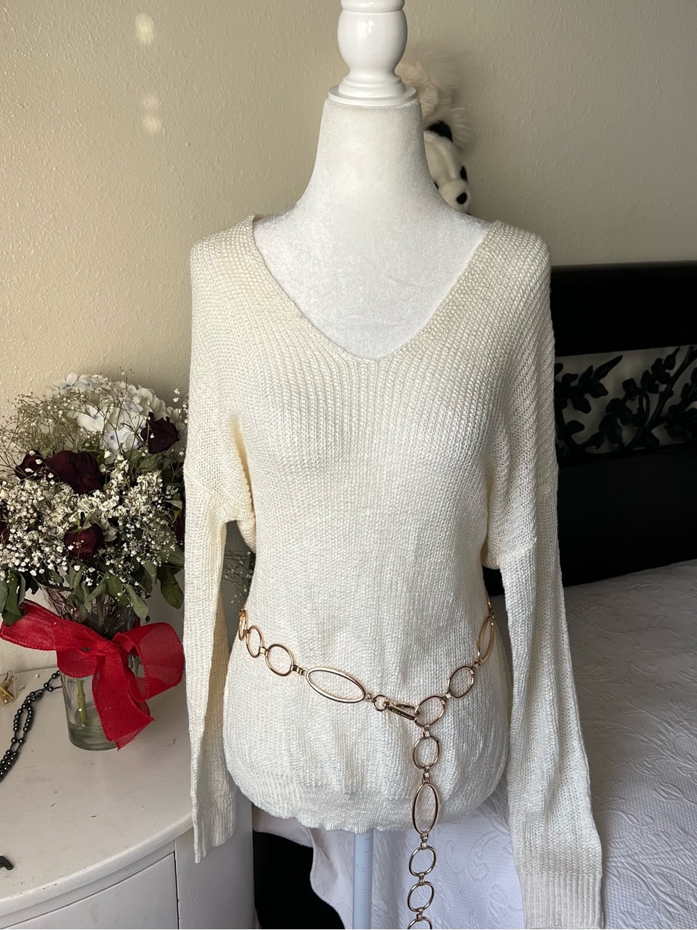 cozy twist-back cream knit sweater
